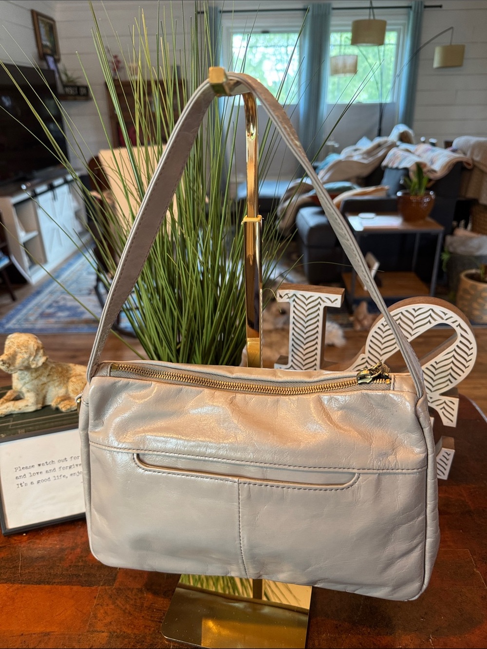 HOBO Silver-Gray Leather Shoulder Bag with Tassel - Picture 3 of 14